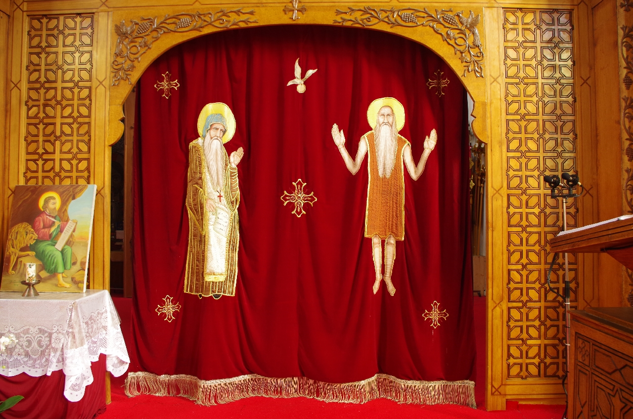 Samtvorhang mit den beiden Gründern des Mönchtums, der heilige Antonius und der heilige Abba Paulos